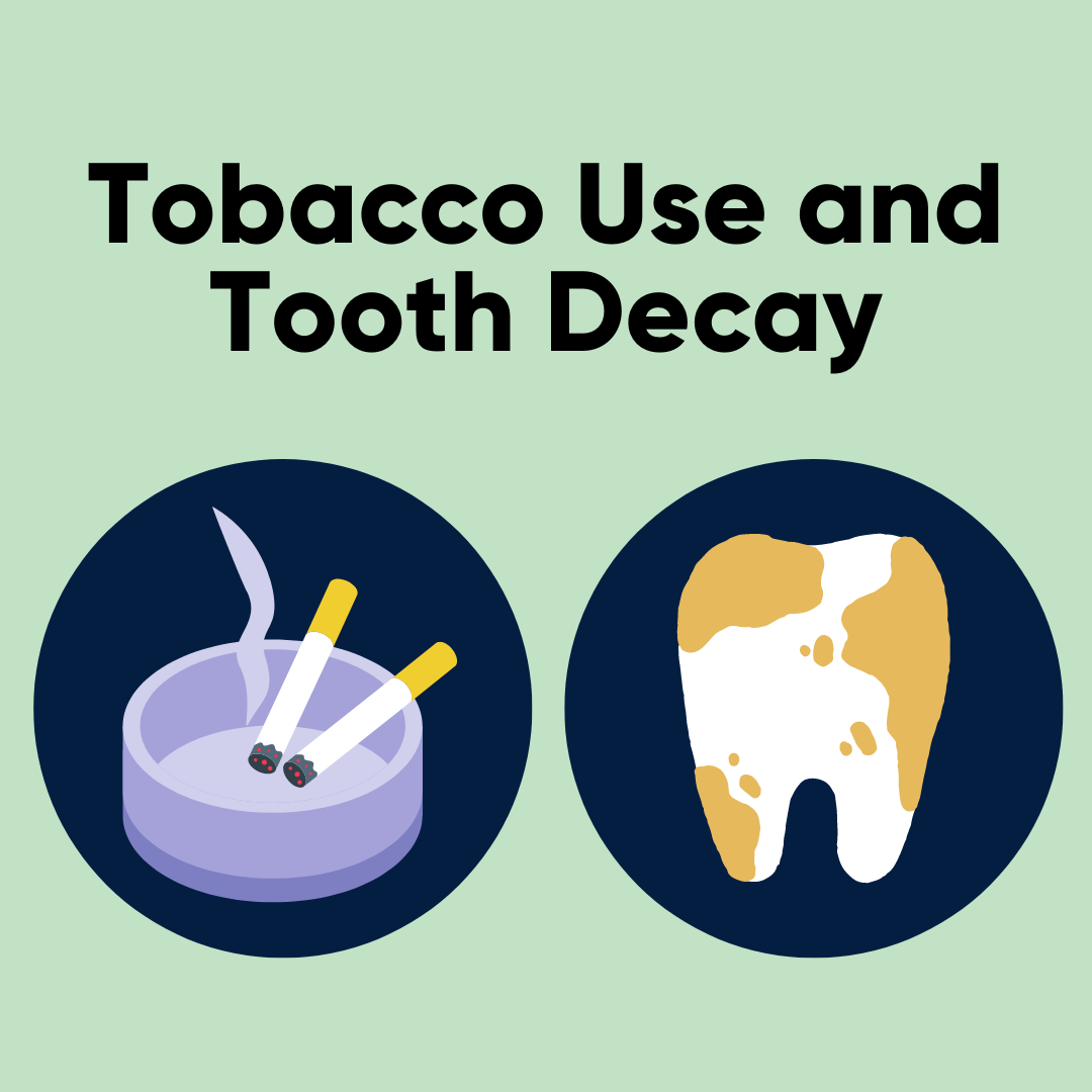 The text, 'Tobacco use and tooth decay' above clip art of two cigarettes in an ashtray and a tooth spotted with patches of yellow-brown decay.