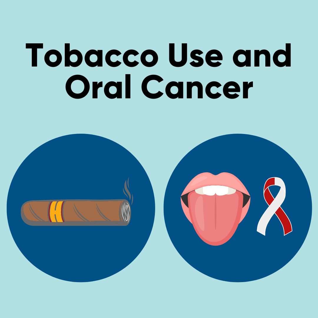 The text, 'Tobacco use and oral cancer' above clip art of a cigar and a mouth with its tongue out next to the oral cancer ribbon symbol, which is half red and half white.