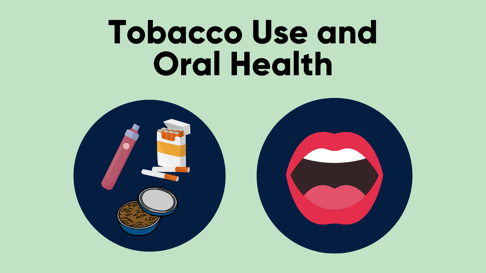 The text, 'Tobacco use and oral health' above clip art of a vape pen, a pack of cigarettes, and a tin of chewing tobacco as well as an open cartoon mouth.