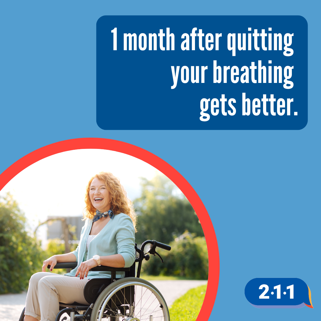 A woman in a wheelchair laughing in the fresh air. 1 month after quitting your breathing gets better. 2-1-1.