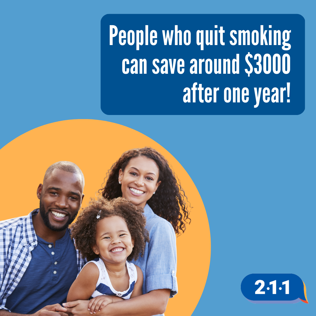 A Black family smiling together. People who quit smoking can save around $3000 after one year! 2-1-1.