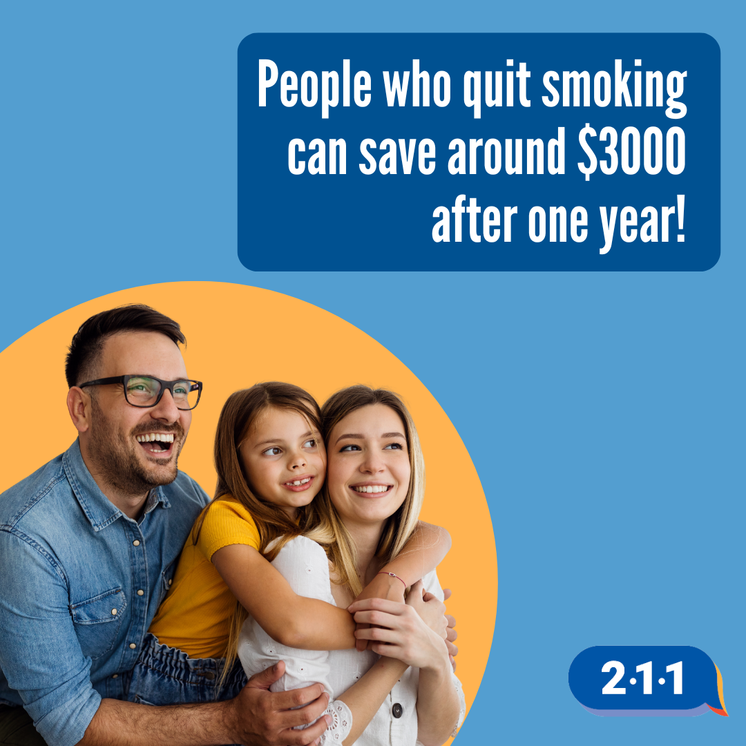 A white family smiling together. People who quit smoking can save around $3000 after one year! 2-1-1.