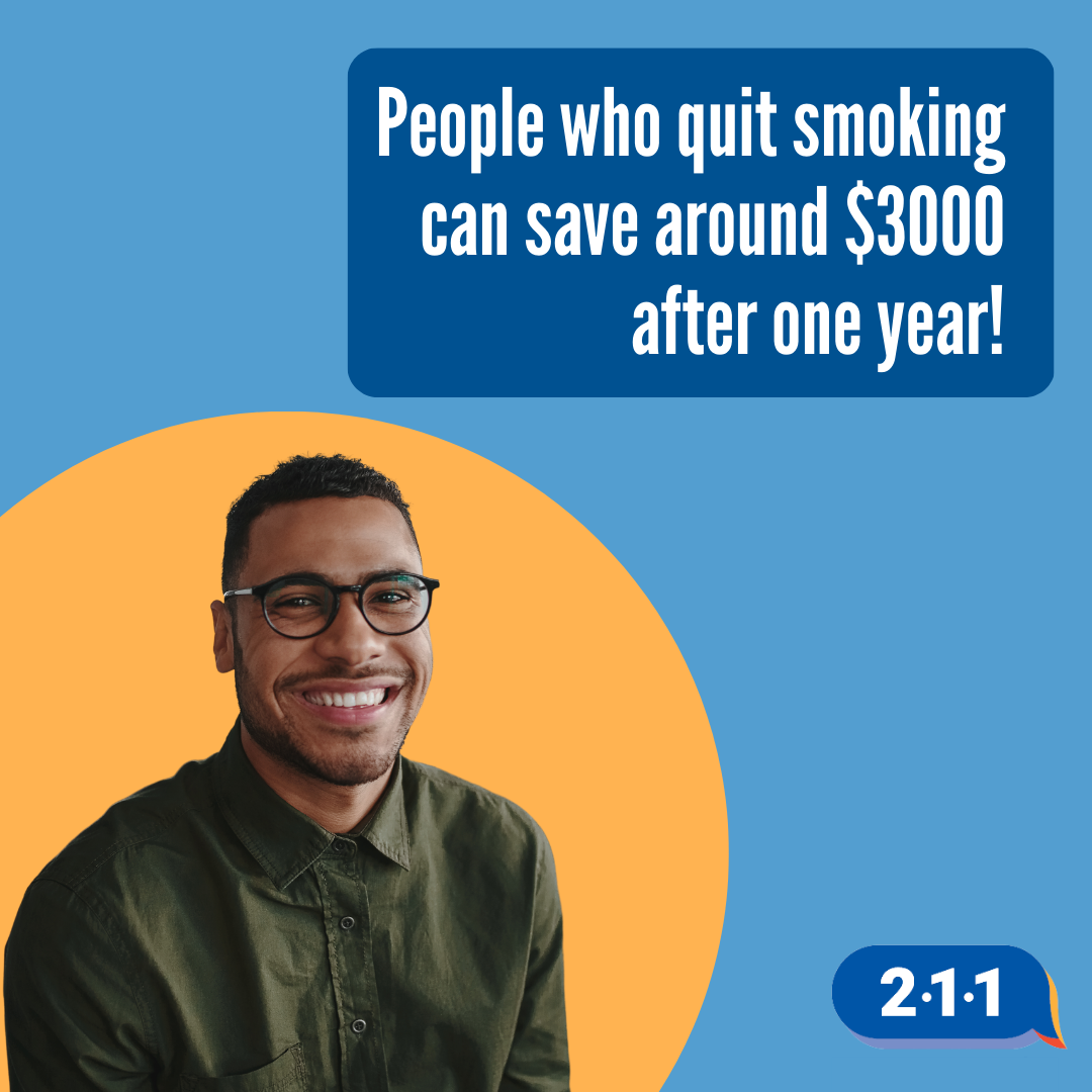 A Black man with glasses smiling. People who quit smoking can save around $3000 after one year! 2-1-1.