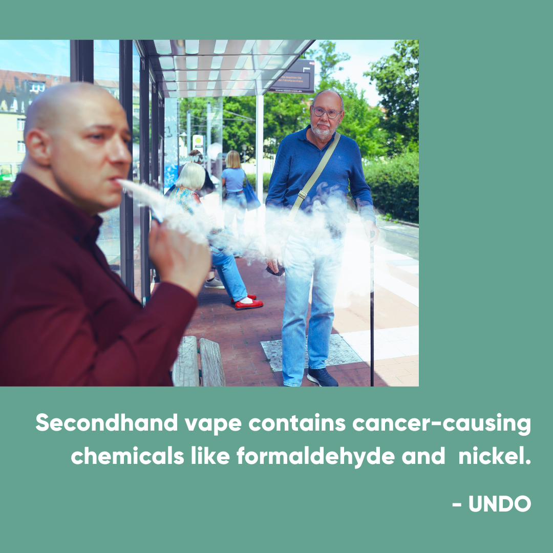 Secondhand vape contains cancer-causing chemicals like formaldehyde and nickel.
